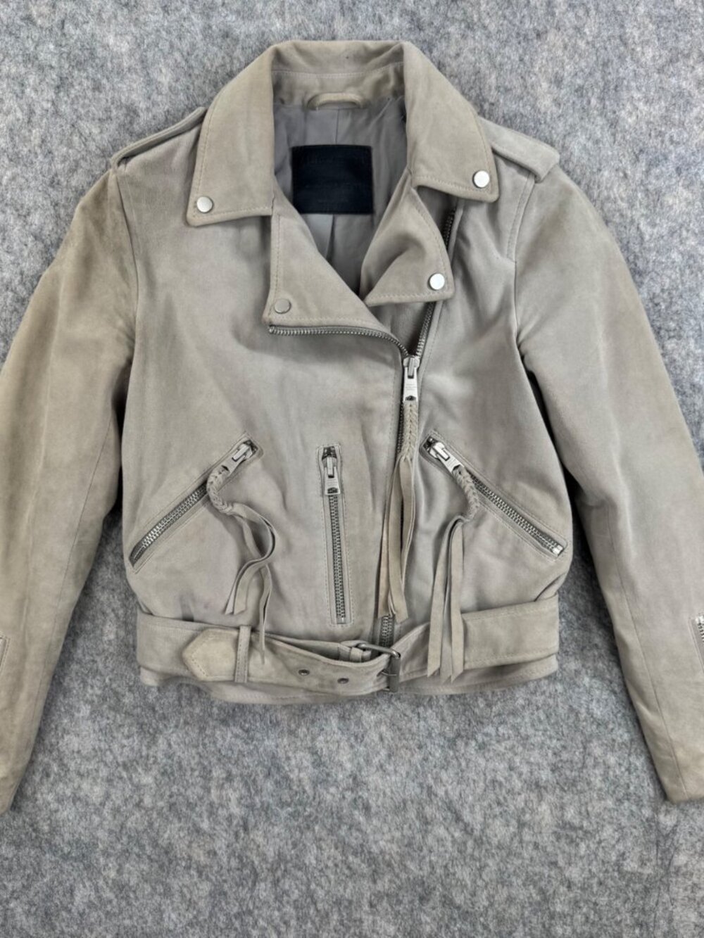 All Saints Womens Biker Jacket Balfern Goat Leather Suede Sz 4 Taupe *read - Picture 4 of 15